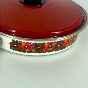 3/$30 Vintage Enamel Cook Wear Pan Floral Red Lid Mid Century Modern MCM Skillet